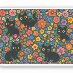 Pegatina Arte de jardín Kawaii Patrón floral de gato negr