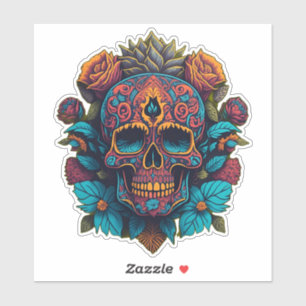 Pegatina Arte de la calavera del azúcar - en rojo, azul y o