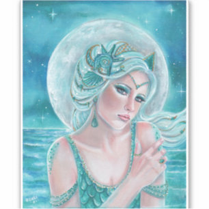 Pegatina Arte de sirena de la diosa Luna de Renee L. Lavoie