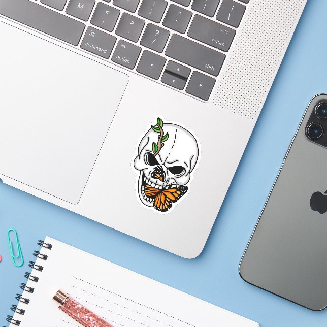 Pegatina Arte digital Skull and Butterfly (Ordenado portátil con iPhone)