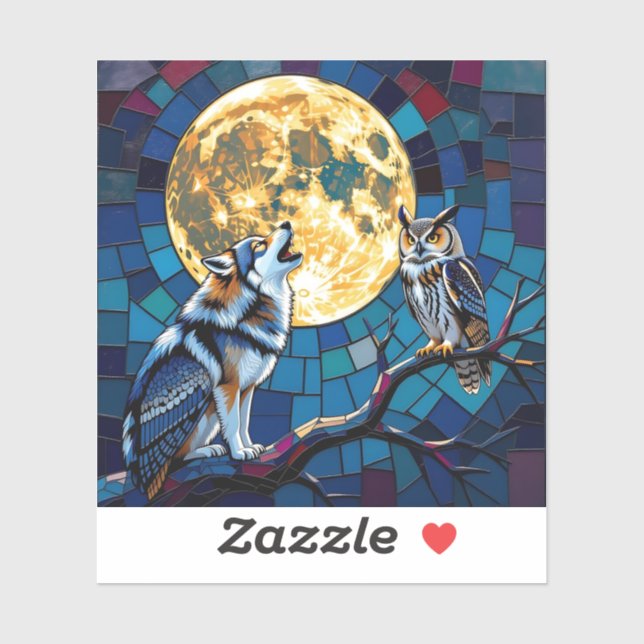 Pegatina Arte en mosaico de lobo y búho (Hoja)