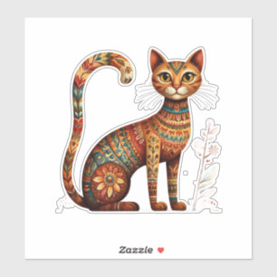 Pegatina Arte Popular Boho Tribal Gato Lindo con Flores