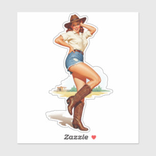 Pegatina Arte retro de la chica de vaca con pinzas