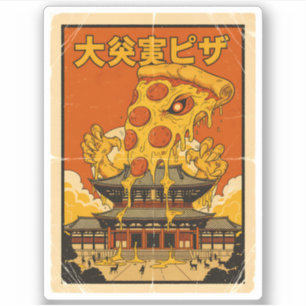 Pegatina Arte Retro Japonés Kaiju Pizza Monstruo Templo