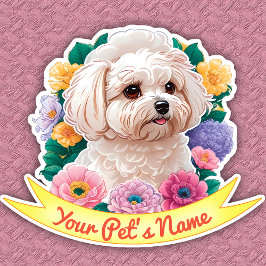 Pegatina Atractivo Bichon Frisé, flor amarilla, rosa y mora