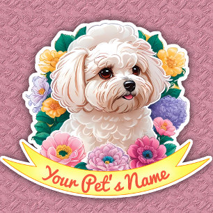Pegatina Atractivo Bichon Frisé, flor amarilla, rosa y mora