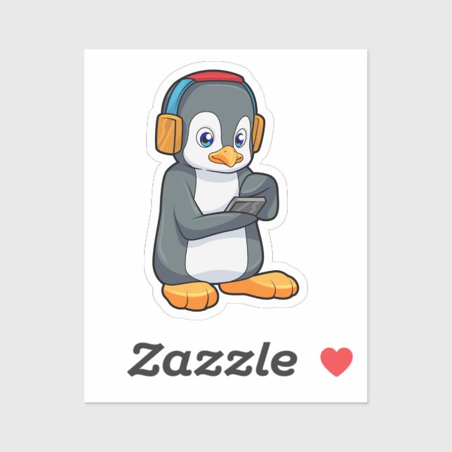 Pegatina Auriculares con música pingüino (Hoja)