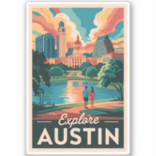 Pegatina Austin Texas Skyline Travel Art Vintage