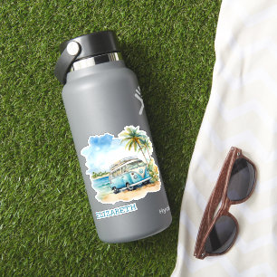 Pegatina Autobús azul retro de isla tropical personalizado