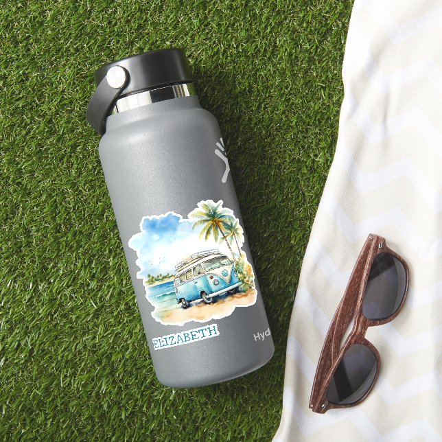 Pegatina Autobús azul retro de isla tropical personalizado (HydroFlask Insitu)