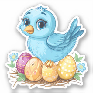 Pegatina Ave azul en nido con huevos de Pascua