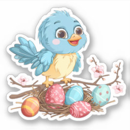 Pegatina Ave azul en una rama con huevos de Pascua