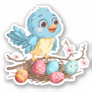 Pegatina Ave azul en una rama con huevos de Pascua