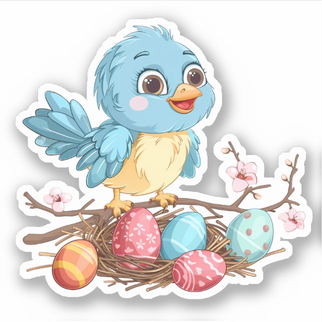 Pegatina Ave azul en una rama con huevos de Pascua (Anverso)