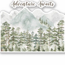 Pegatina Aventura de Acuarela de Montañas Boscosas Espera