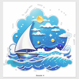 Pegatina Aventura en velero bajo el cielo iluminado por la 