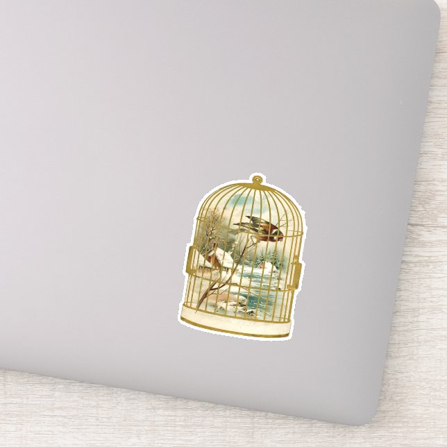 Pegatina Aves blancas de oro con nevada de ramas (Detalle)