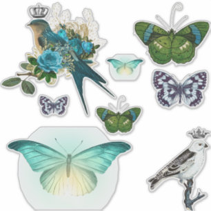 Pegatina Aves de cosecha vintage y mariposas
