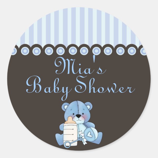 Pegatina azul de Baby Shower del oso de peluche (Anverso)