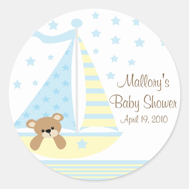 Pegatina azul de Baby Shower del velero (Anverso)
