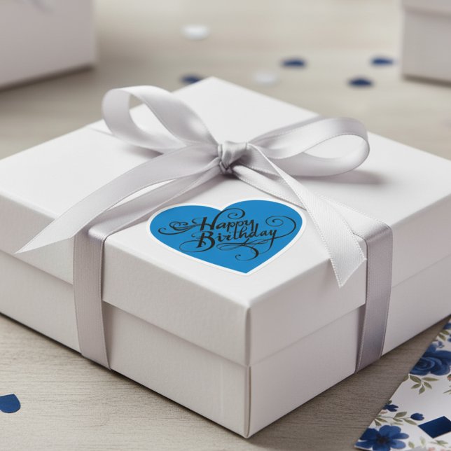 Pegatina azul francés de cumpleaños feliz (Happy Birthday Heart French Blue Sticker)
