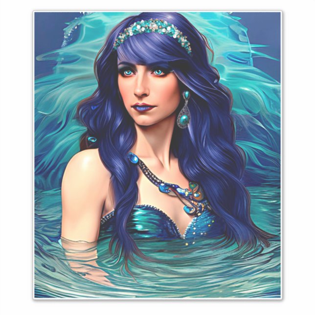 Pegatina azul Pisces Mermaid Queen Original Fantasy art (Anverso)