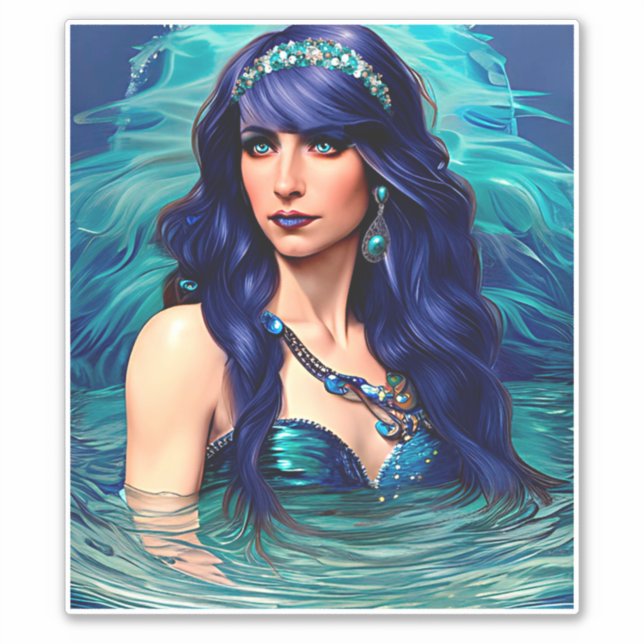 Pegatina azul Pisces Mermaid Queen Original Fantasy art (Anverso)