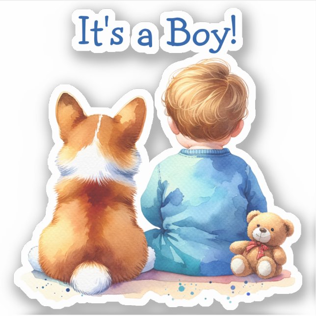 Pegatina Baby Boy y su Corgi Puppy Baby Shower (Anverso)