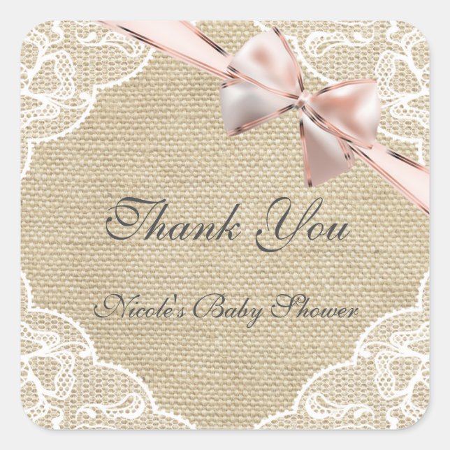 Pegatina Baby Shower Burlap Lace & Pink Bow (Anverso)