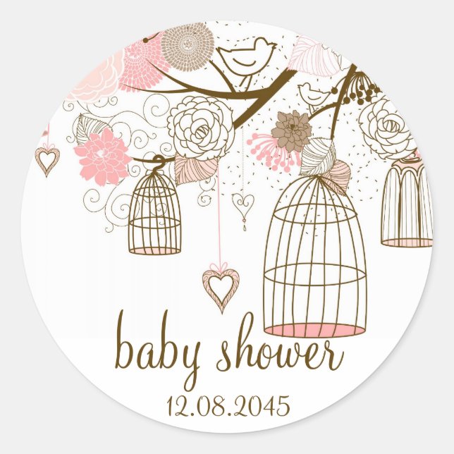 Pegatina Baby Shower de Aves Whimsicales Rosadas (Anverso)