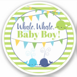 Pegatina Baby Shower de ballena verde lima para bebé