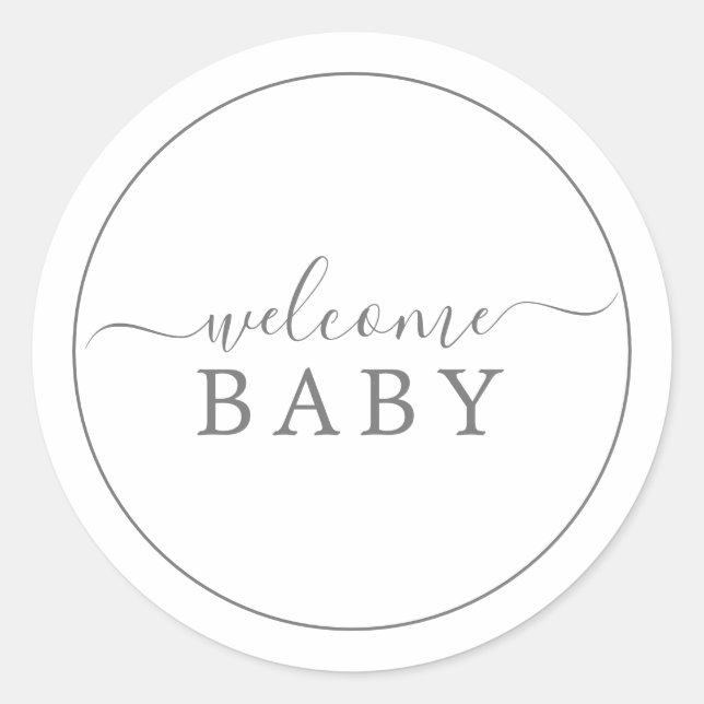 Pegatina Baby Shower de bienvenida plateada minima (Anverso)