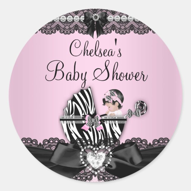 Pegatina Baby Shower de cebra rosa y encaje (Anverso)
