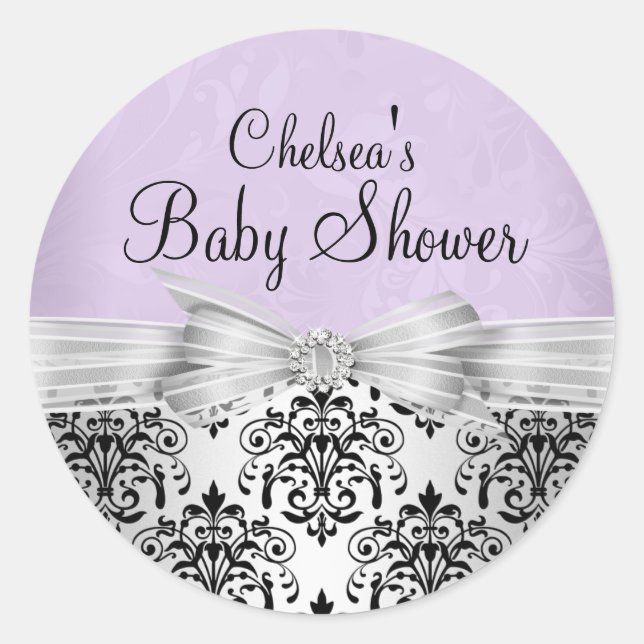 Pegatina Baby Shower de Damask morado y negro (Anverso)