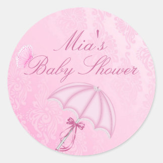 Pegatina Baby Shower de diseño de paraguas rosa