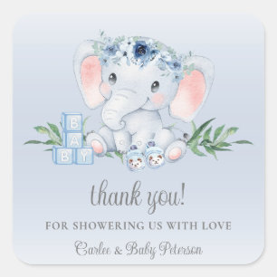 Pegatina Baby Shower de elefante azul celeste