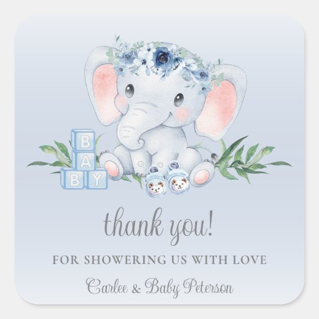 Pegatina Baby Shower de elefante azul celeste (Anverso)