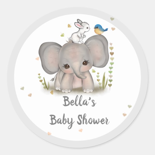 Pegatina Baby Shower de elefante blanco gris Bunny (Anverso)