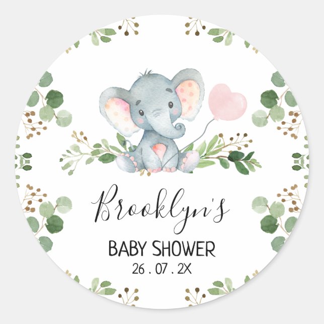 Pegatina Baby Shower de elefante de globo rosa (Anverso)