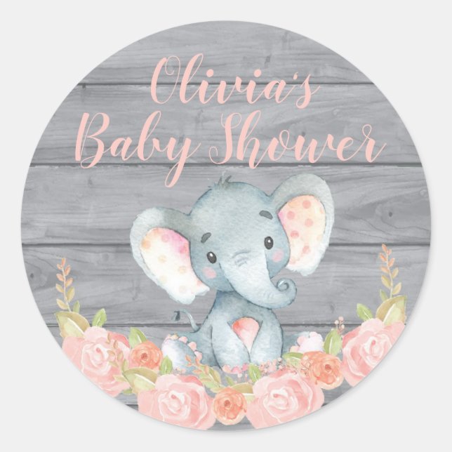 Pegatina Baby Shower de Elefante Rosa (Anverso)