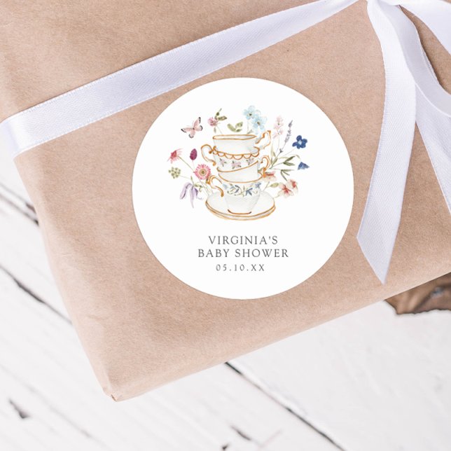 Pegatina Baby Shower de Tea Fiesta (Watercolor Wildflower Tea Party Baby Shower Sticker by Painted Paperie)