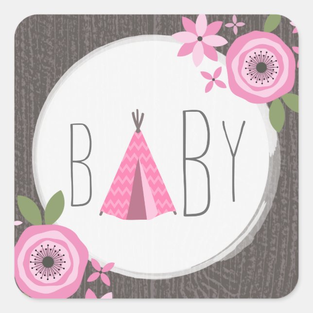 Pegatina Baby Shower de Tipi rosa (Anverso)