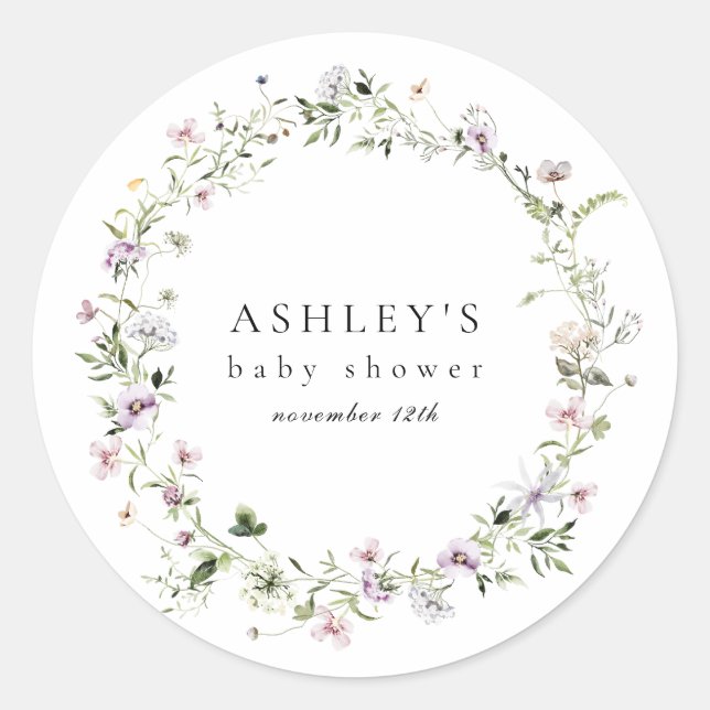 Pegatina Baby Shower Delicate Purple Floral (Anverso)