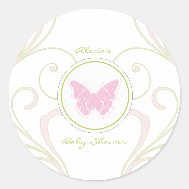 Pegatina Baby Shower Favorito de mariposa rosa (Anverso)