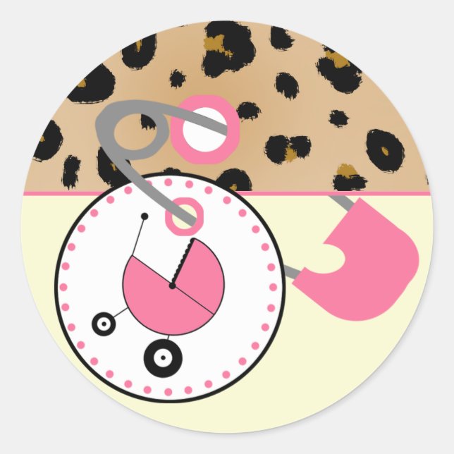 Pegatina Baby Shower - Pin de leopardo y pañal ros (Anverso)