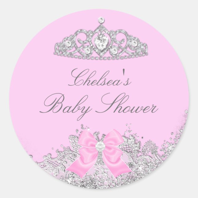 Pegatina Baby Shower Pink Tiara & Bow (Anverso)