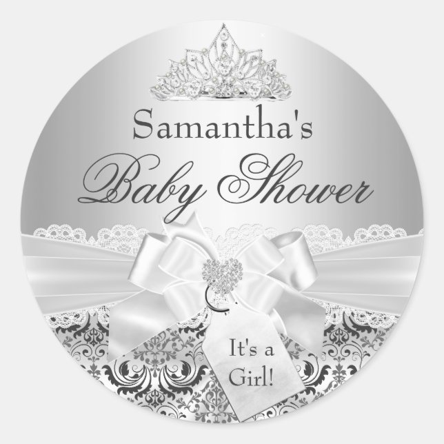 Pegatina Baby Shower Silver Damask y Tiara (Anverso)
