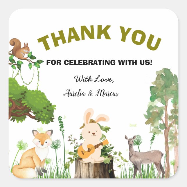 Pegatina Baby Shower Square de animales forestales (Anverso)