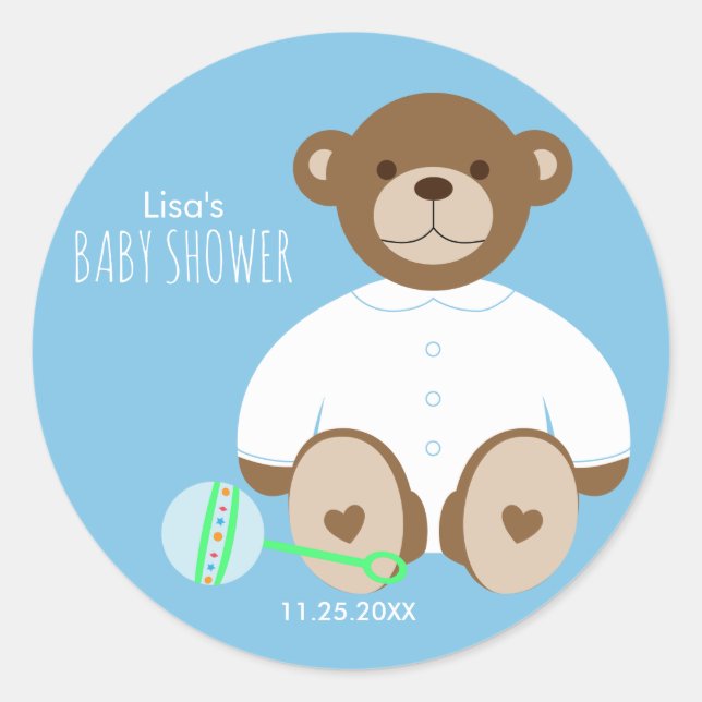 Pegatina Baby Shower Teddy Bear, fondo azul (Anverso)
