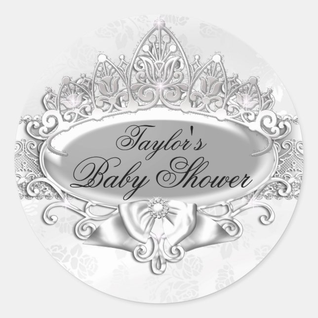 Pegatina Baby Shower Tiara & Damask Silver (Anverso)